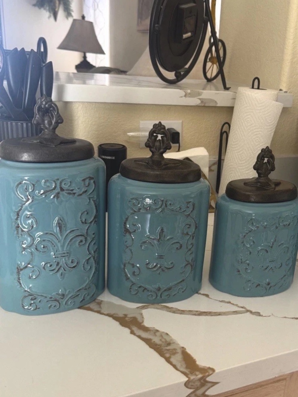 Teal Ceramic Canister Set with Ornate Dark Bronze Lids - Home Accents Decor